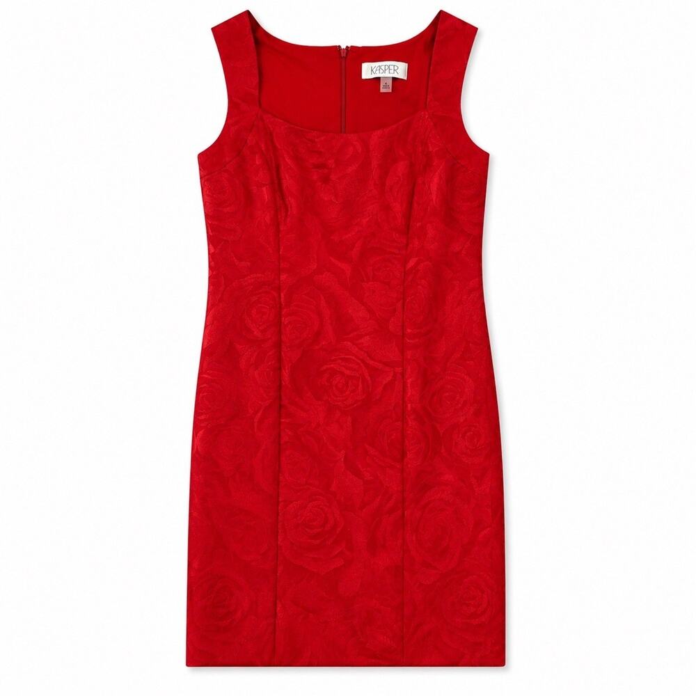 Kasper Sheath Dress Womens 4 Red Floral Rose Jacquard Square Neck Sleeveless